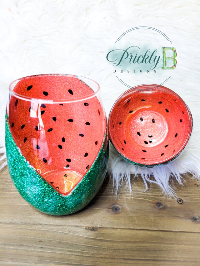 Life is Sweet Peekaboo Watermelon Glitter Wine Glass Custom Wine